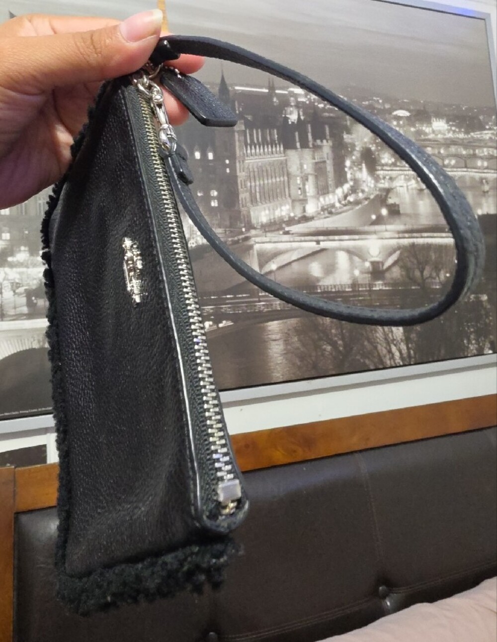Coach Black Pebbled Leather Wristlet with Shearling Trim - Picture 3 of 7
